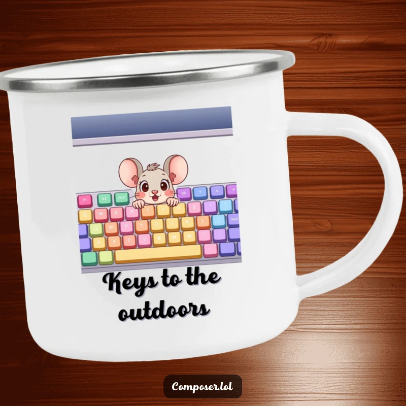 Funny Camping Mug: A surprised cartoon mouse peeking from a giant, colorful musical keyboard, perfect for outdoor beverage enjoyment.