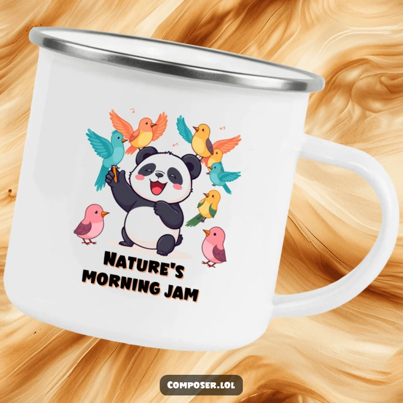 Funny Panda Camping Mug: Joyful panda conducts a bird orchestra, perfect for outdoor adventures and musical enjoyment.