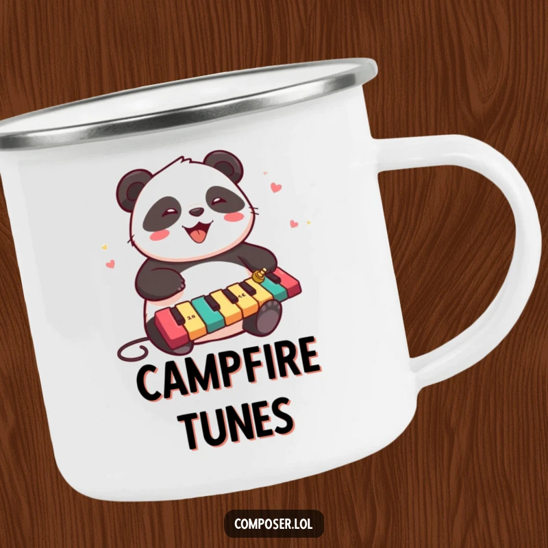 Funny panda character joyfully playing a xylophone on a durable camping mug, ready for outdoor musical fun.