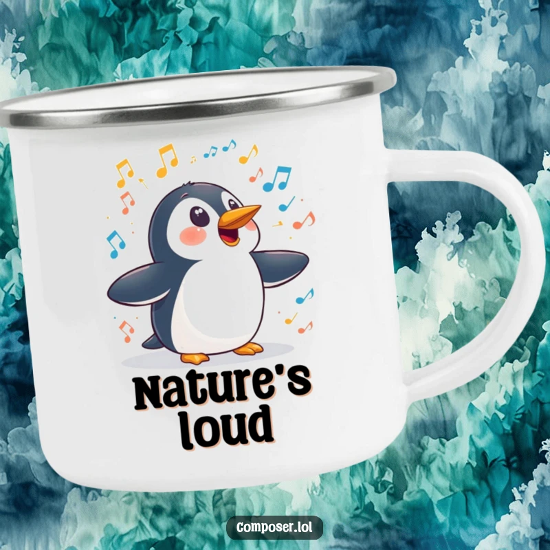 Funny penguin symphony camping mug, a surprised penguin reacting to a loud symphony of sounds, perfect for outdoor drinks.