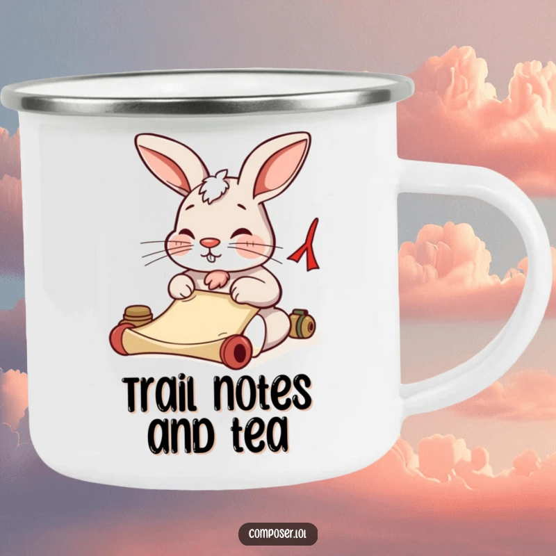 Funny rabbit focused on writing on a scroll on a durable enamel camping mug. Perfect for outdoor enthusiasts.