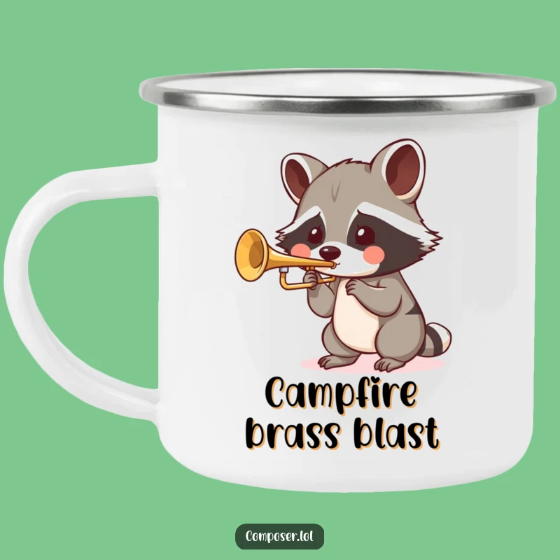 Funny Raccoon Trumpet Enamel Camping Mug: Humorous Outdoor Gift for Musicians