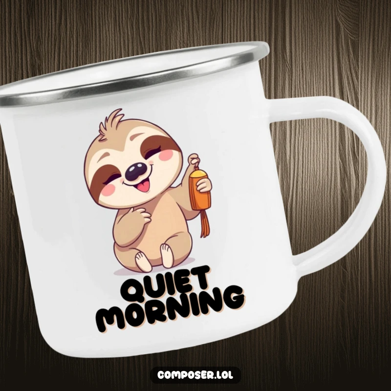Funny sloth character gently tapping a single chime on a durable camping mug, ready for peaceful outdoor moments.