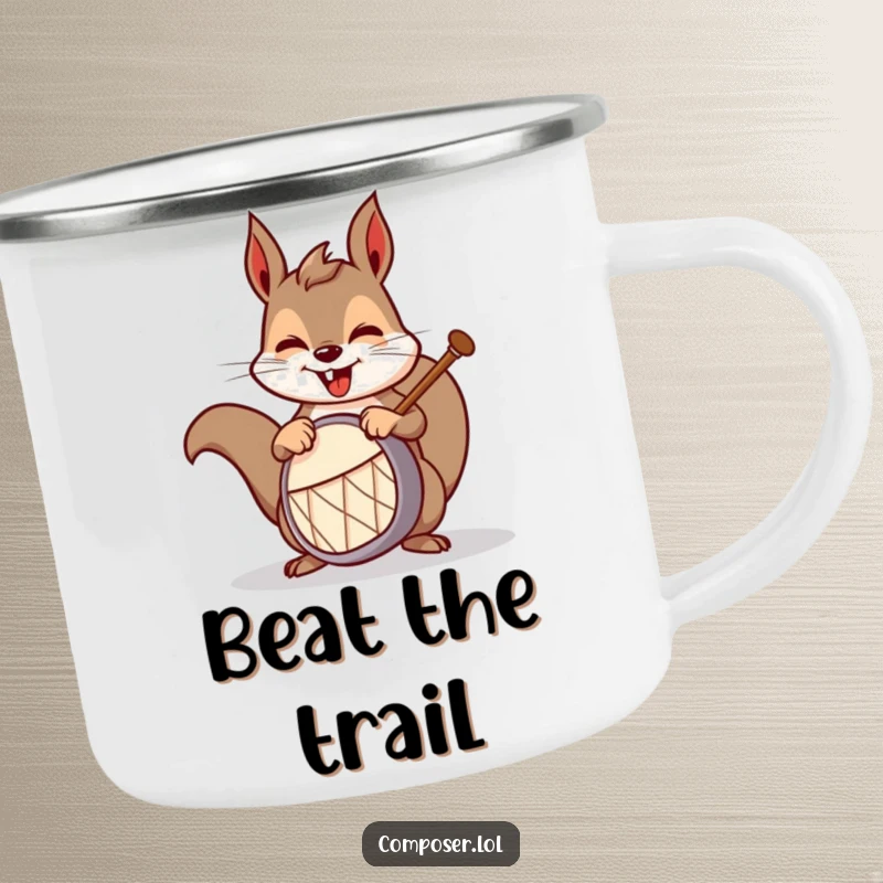 Funny squirrel drummer camping mug, a mischievous squirrel playing a drum, ideal for enjoying drinks outdoors with humor.