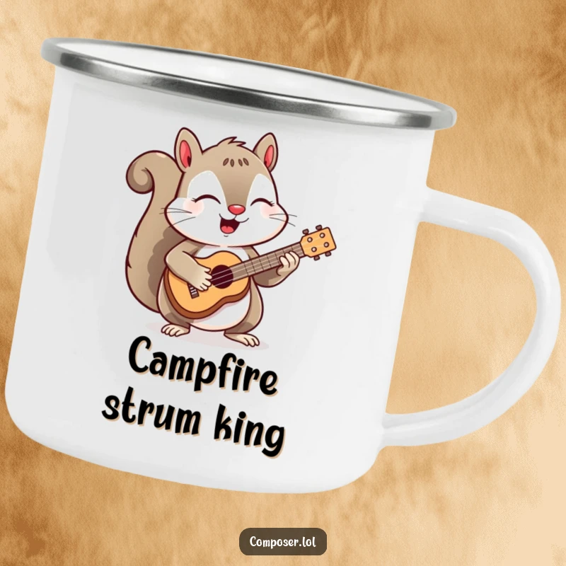 Funny camping mug featuring a cheerful squirrel energetically strumming a miniature ukulele, perfect for enjoying nature's soundtrack.