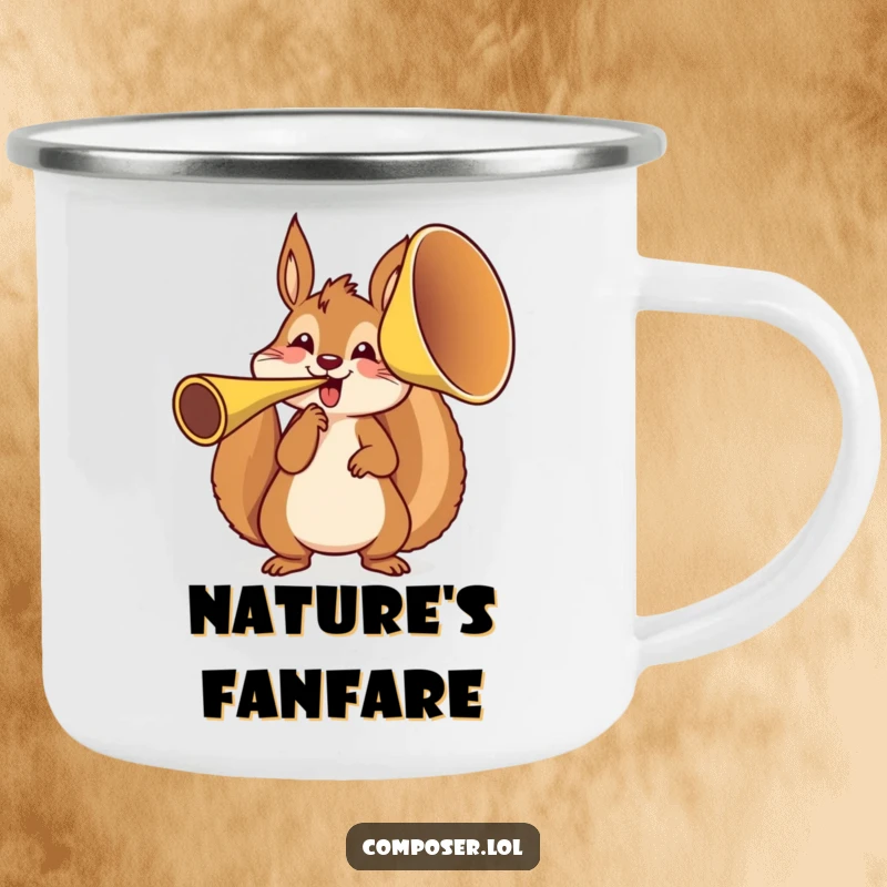 Funny squirrel character tooting a big French horn on a durable camping mug, ready for outdoor fun and laughter.
