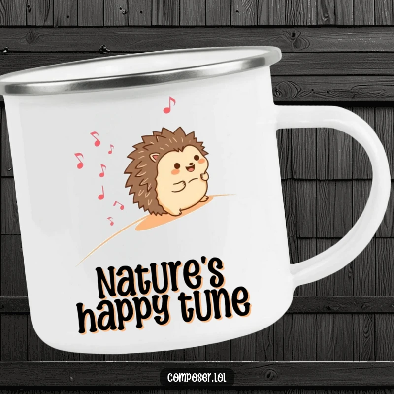 Funny camping mug featuring a happy hedgehog rolling downhill, accompanied by smiling musical notes, ideal for outdoor enthusiasts who love music and fun.