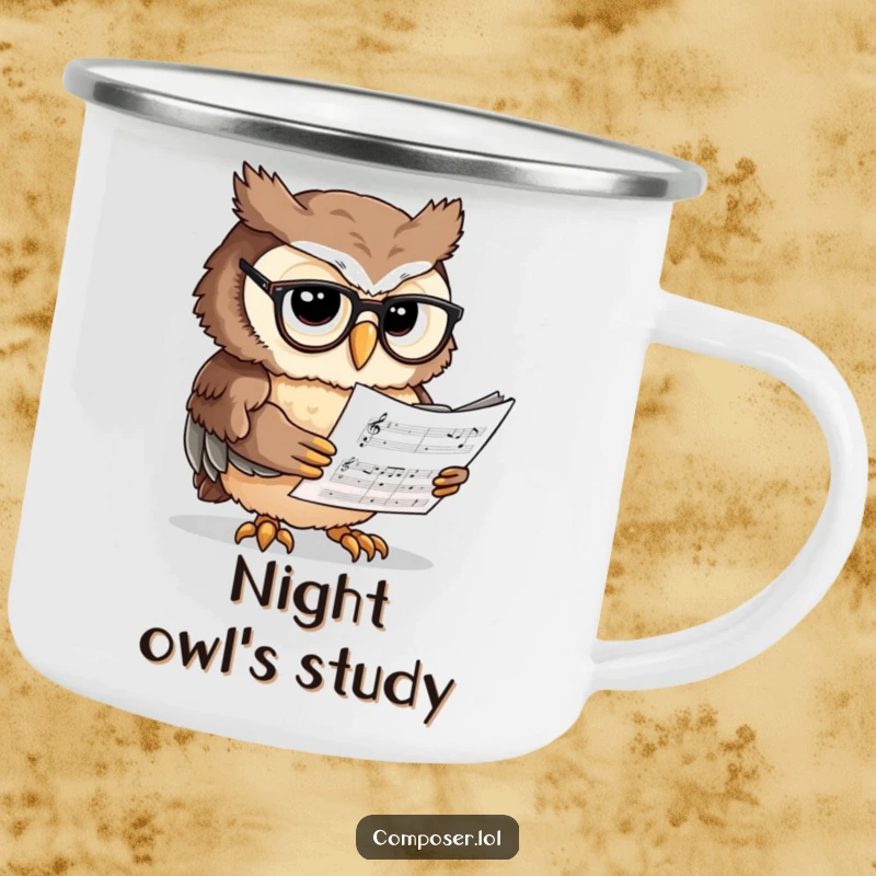Funny Owl Scholar Camping Mug - An owl reading music, designed for outdoor adventures and coffee lovers.