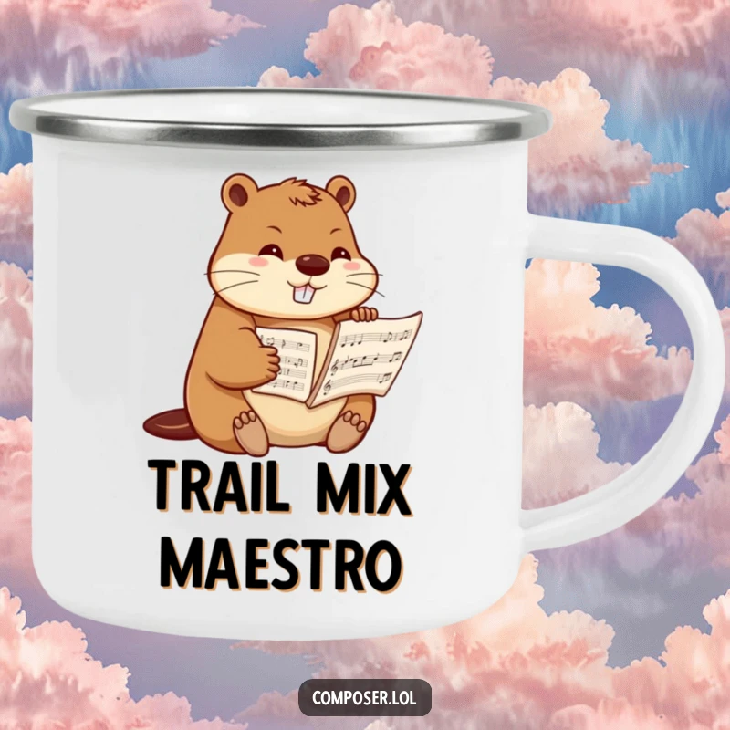 Funny beaver composer camping mug, a determined beaver arranging sheet music, perfect for enjoying beverages outdoors with musical precision.