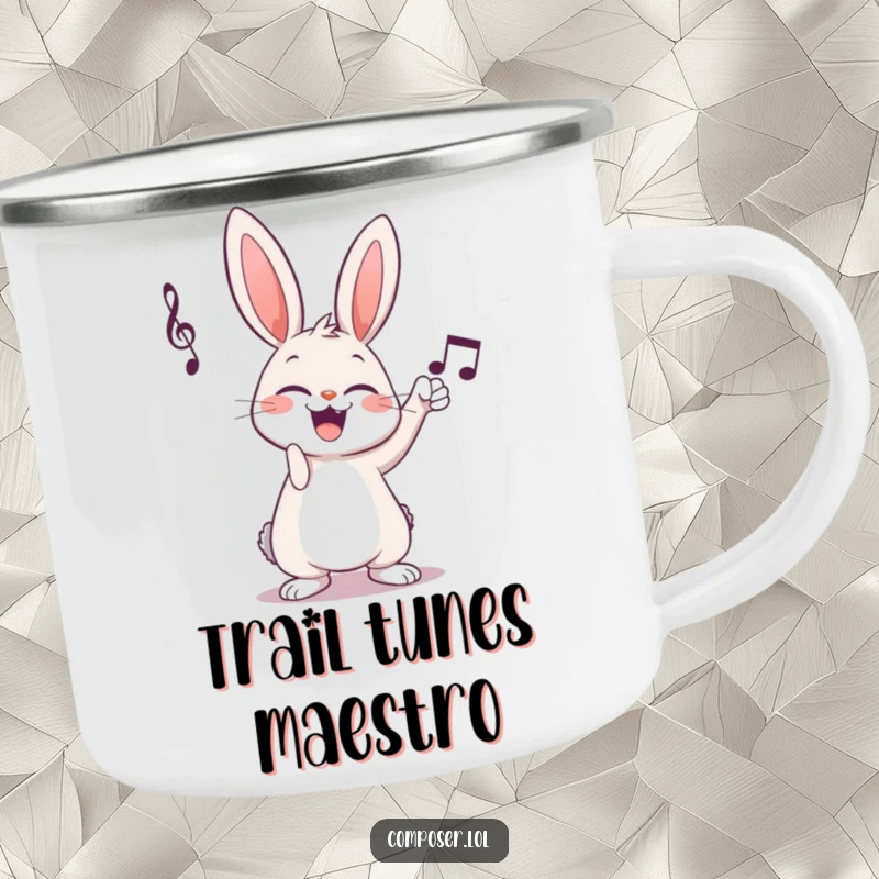 Funny giggling cartoon rabbit composer tapping musical notes on a rugged camping mug, perfect for outdoor music lovers.