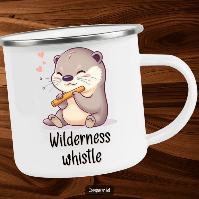 Funny camping mug with a sweet otter playing a miniature flute, ideal for outdoor enjoyment.