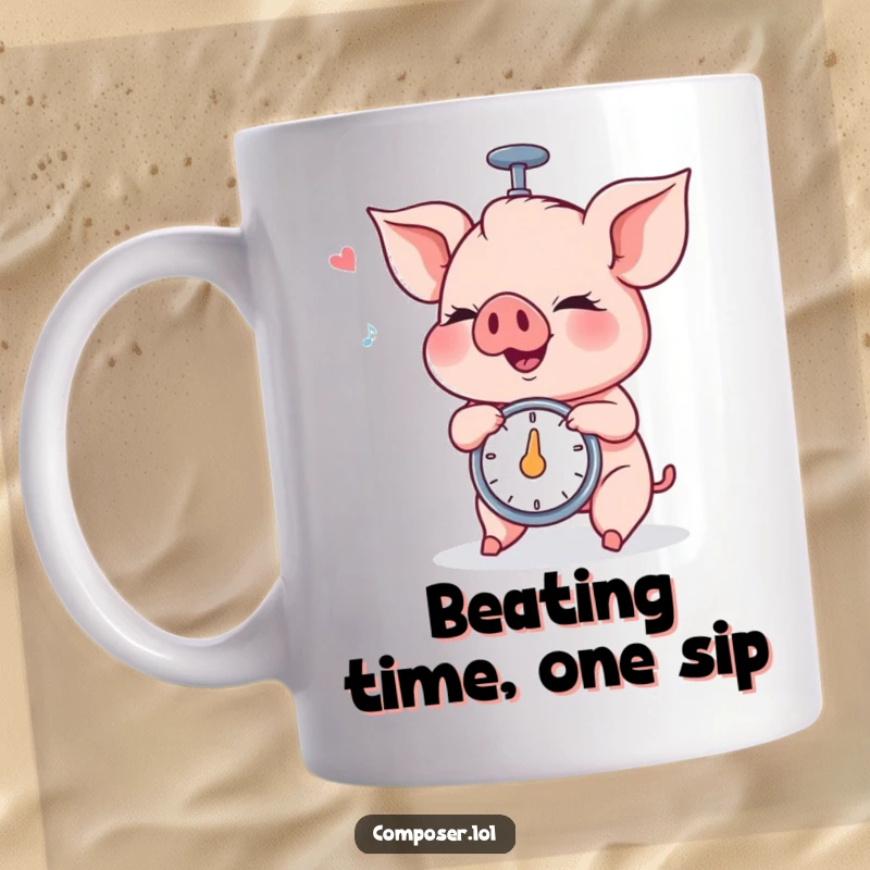 Funny Piglet Metronome Mug: a cute piglet intensely spins a metronome, humming happily, perfect for music lovers.