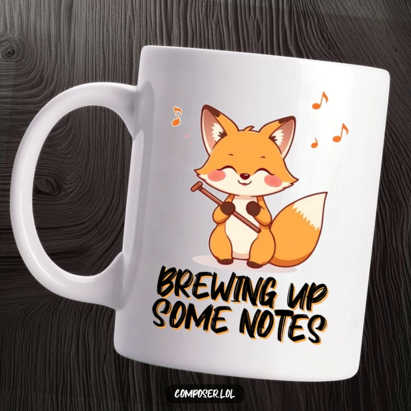 Funny Fox Composer Mug, a smiling fox diligently writing music on a staff with animated notes flying around.