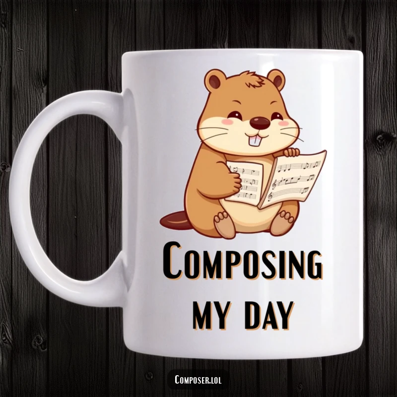 Funny beaver composer mug, a determined beaver carefully arranging sheet music with tiny paws, ideal for music lovers.