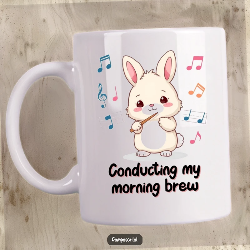 Funny bunny mug conducting music with a baton, looking delighted. Ideal for a humorous gift for music enthusiasts.