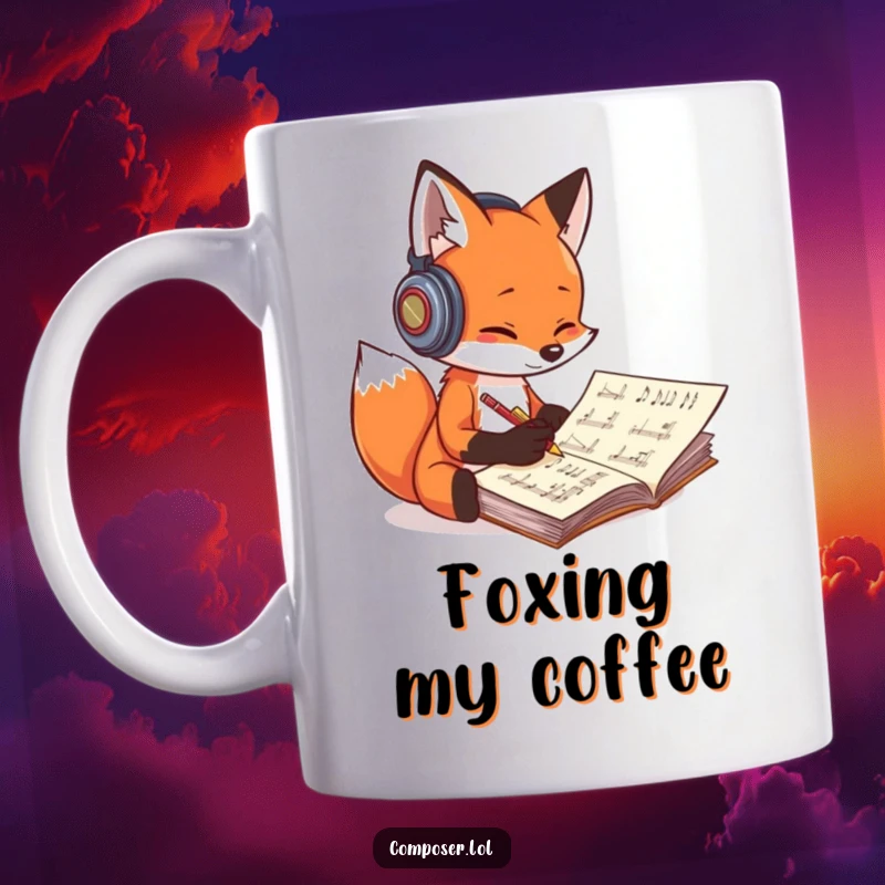 Funny fox composer mug, a playful fox with headphones scribbling notes on a manuscript with enthusiasm.