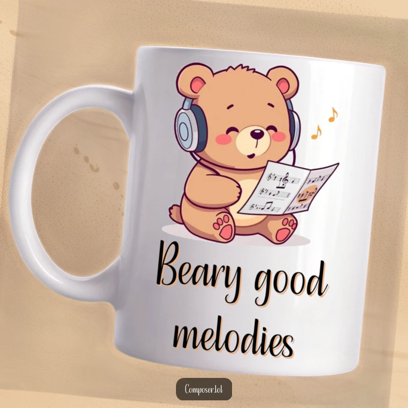 Funny mug with a studious bear wearing headphones and humming to sheet music, looking cool.