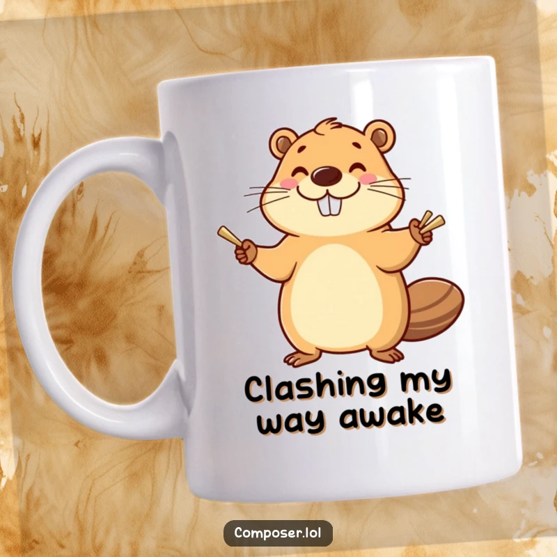 Funny Beaver Cymbals Mug: Smiling beaver enthusiastically banging cymbals with a happy flourish, energetic and fun gift