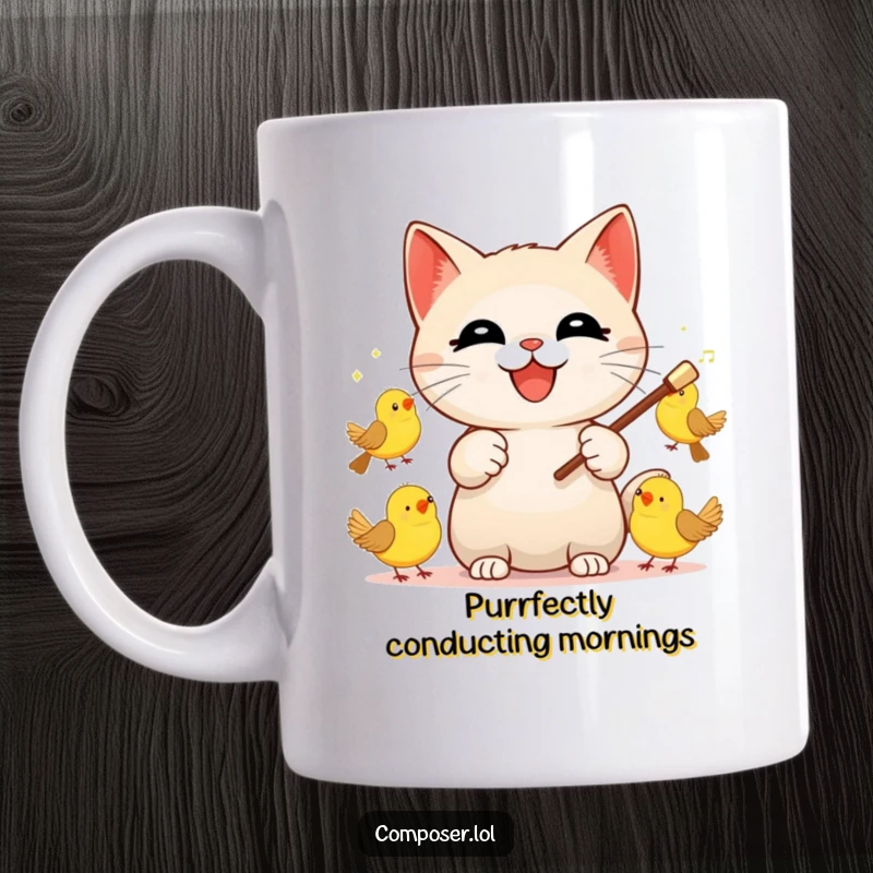 Funny Cat Conductor Mug, a happy cat orchestrating a symphony of chirping birds with a baton, bringing musical joy.
