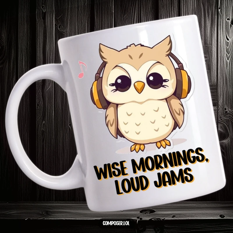 Funny coffee mug with a curious owl wearing headphones, nodding to a melody, embodying a love for music.