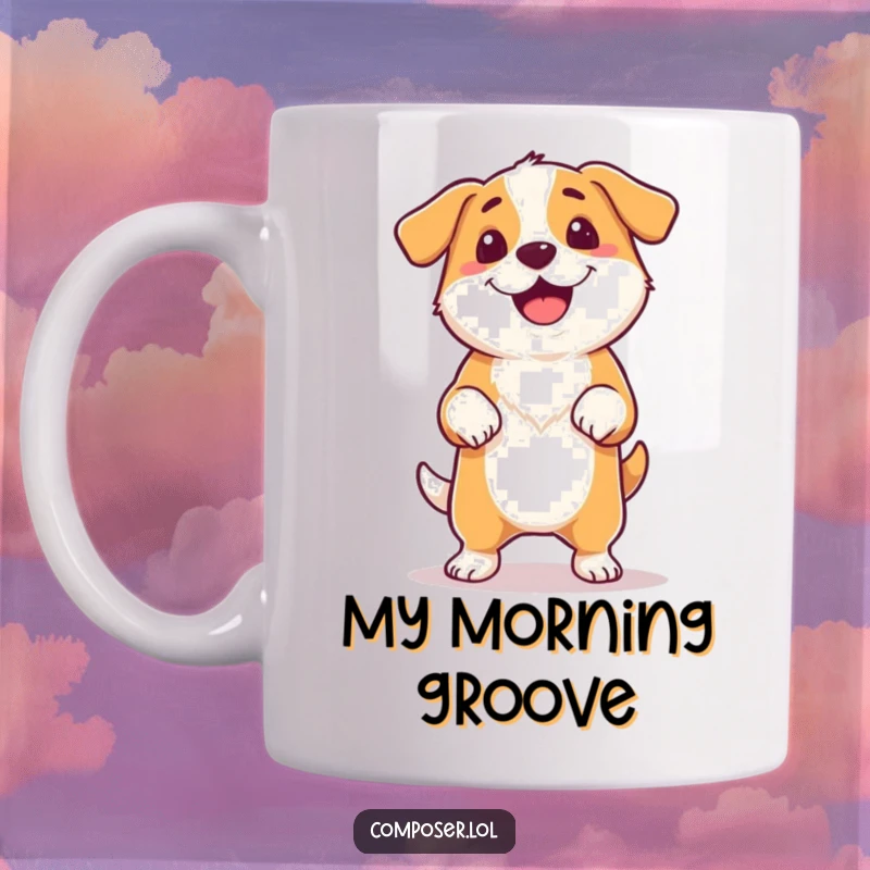 Funny proud dog tapping its foot rhythmically with a happy tail wag, enjoying unheard music, mug.