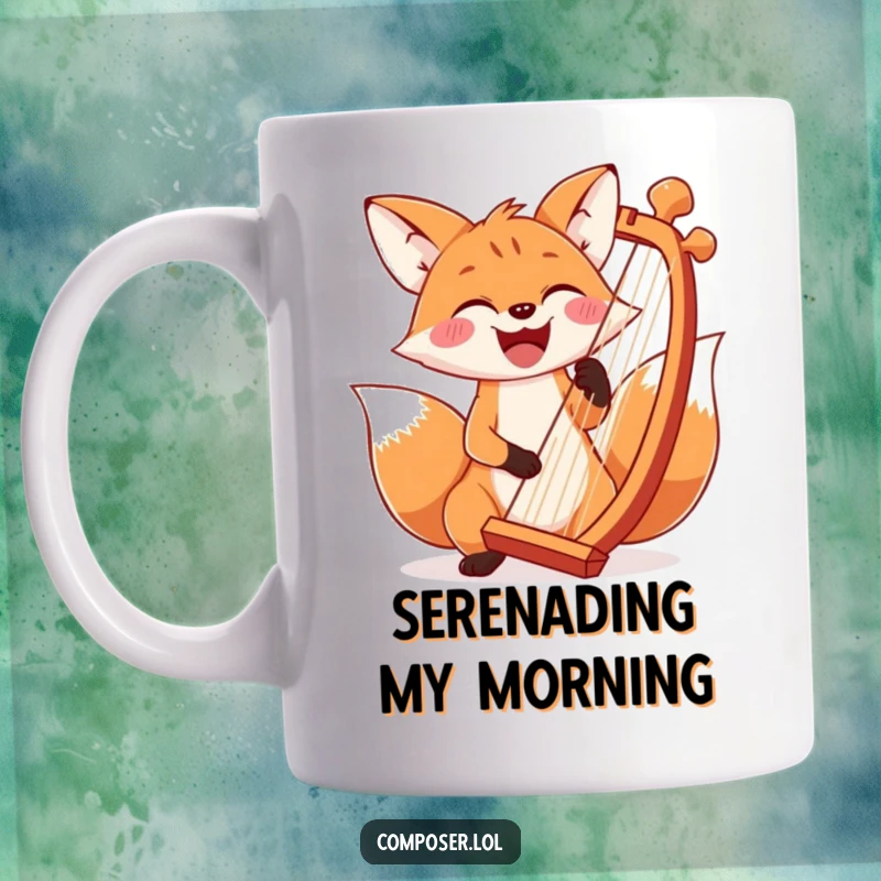 Funny joyful fox with a wide smile playing a grand chord on an oversized harp, ceramic mug.