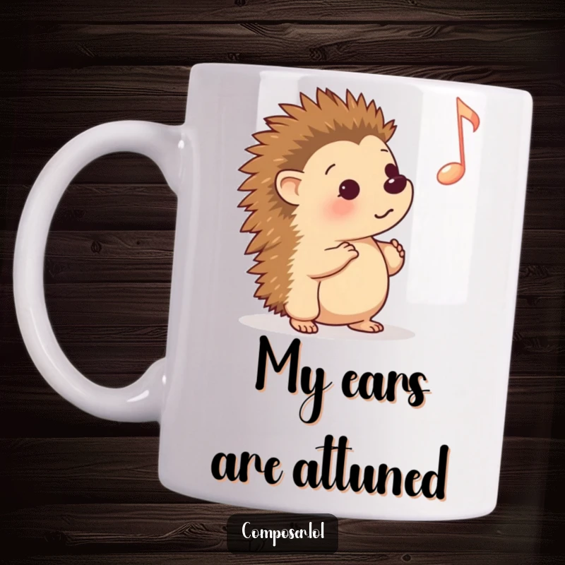 Funny Mug: Curious cartoon hedgehog intently listening to a large, floating musical note, capturing a moment of peaceful musical appreciation.