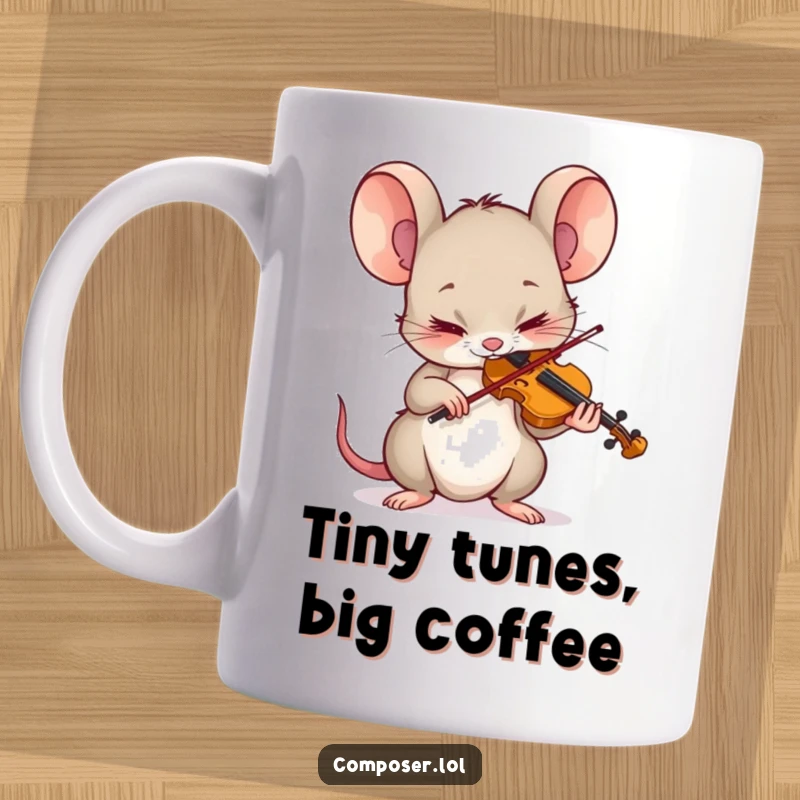 Funny Mouse Violinist Mug: A tiny mouse character plays a tiny violin with intense, humorous concentration.