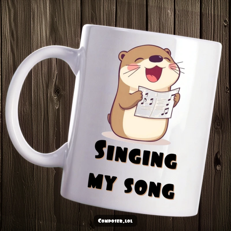 Funny otter singer mug, a happy otter loudly singing with sheet music held in its beak, perfect for music lovers.