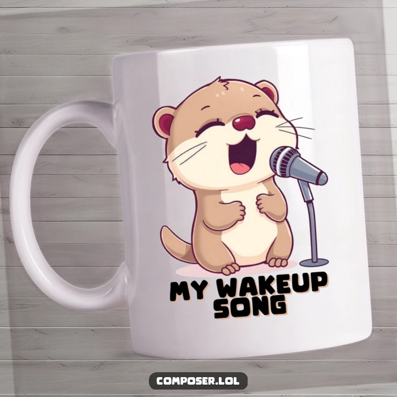 Funny, sweet otter character enthusiastically singing into a microphone with eyes closed on a ceramic mug, enjoying the music.