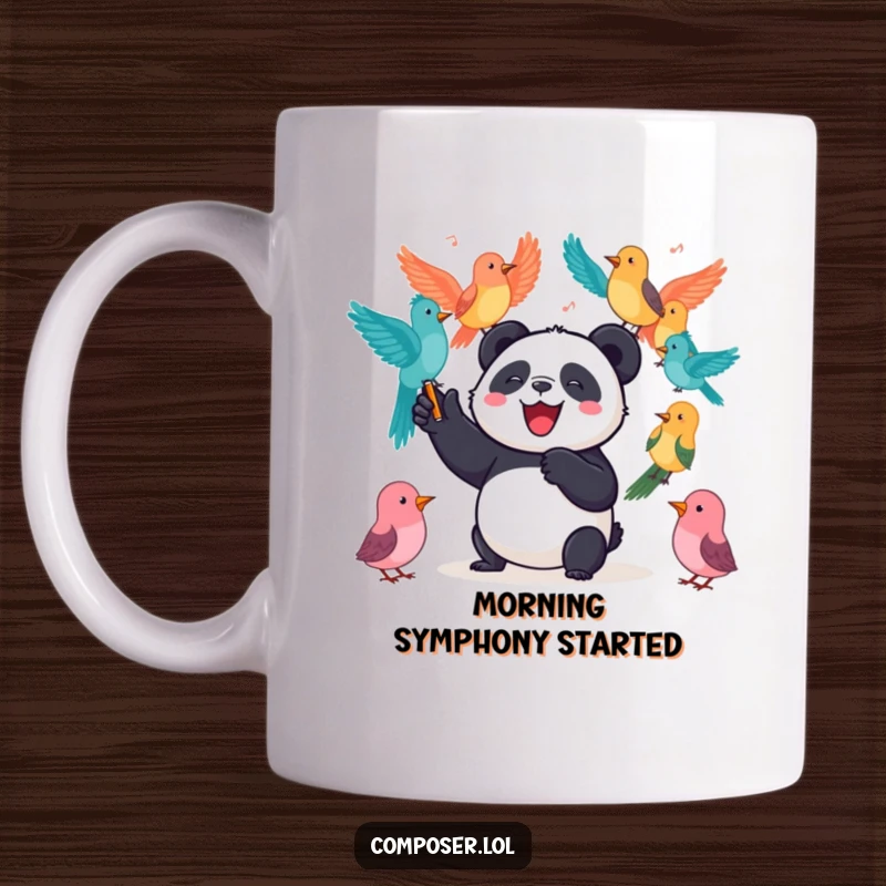 Funny Panda Mug: A joyful panda enthusiastically conducts a vibrant orchestra of colorful birds, bringing music and smiles.