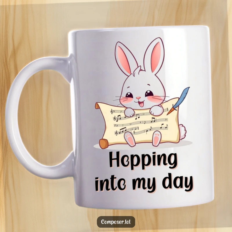 Funny Rabbit Composer Mug - A giggling rabbit writing musical notes with a quill, bringing joy and whimsy.