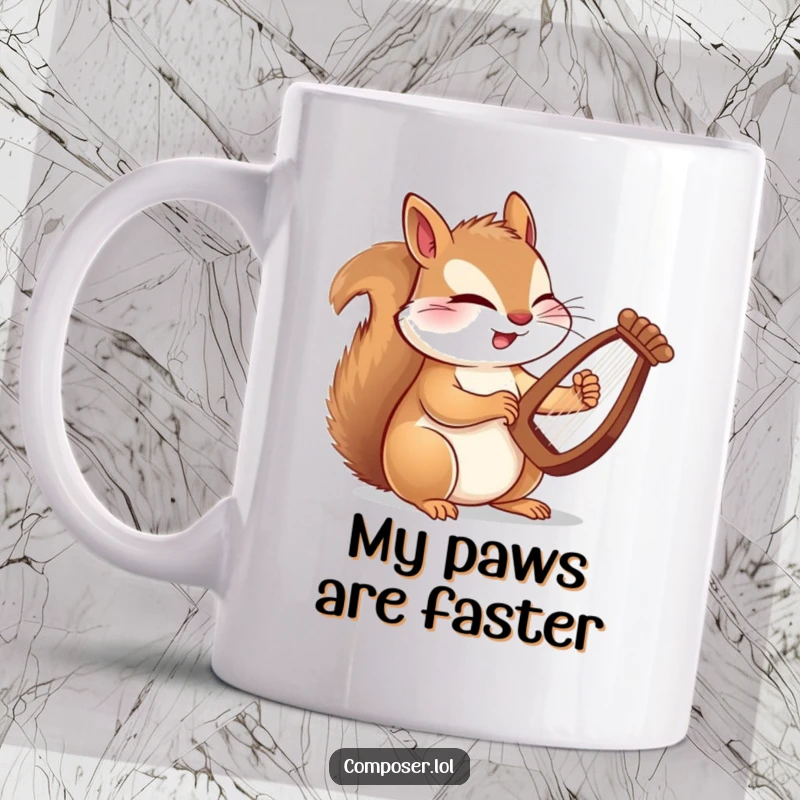 Funny mug featuring a winking squirrel composer playing a tiny harp with incredibly fast paws, capturing a dramatic musical moment.