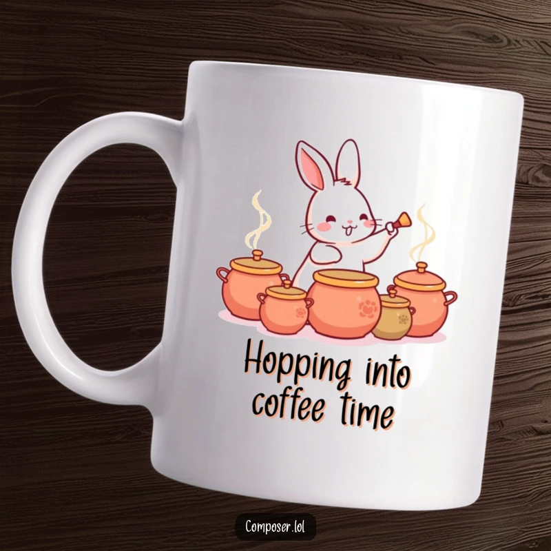 Funny Rabbit Drummer Mug, a playful rabbit enthusiastically tapping a rhythm on a stack of colorful pots.