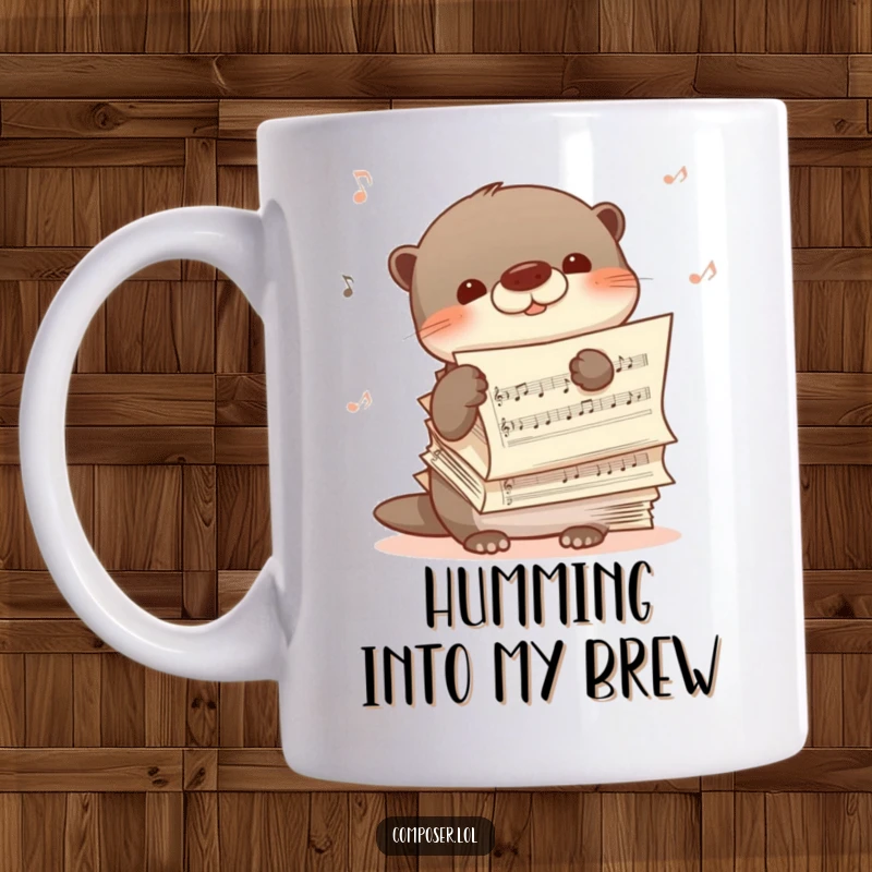 Funny mug with a shy otter peeking from behind sheet music, humming happily, embodying gentle musical enjoyment.