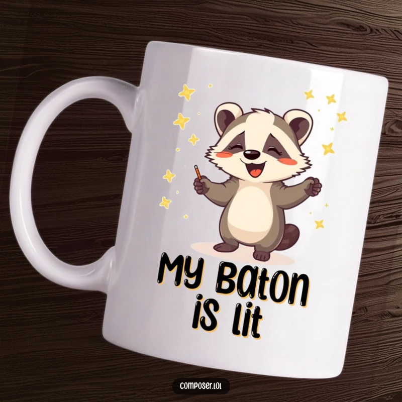Funny mug with a happy badger enthusiastically conducting a glowing orchestra of fireflies with a wand, bringing light and laughter.