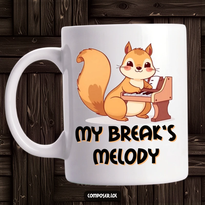 Funny Squirrel Mug: A happy squirrel plays a tiny piano with nimble paws, creating cheerful music.