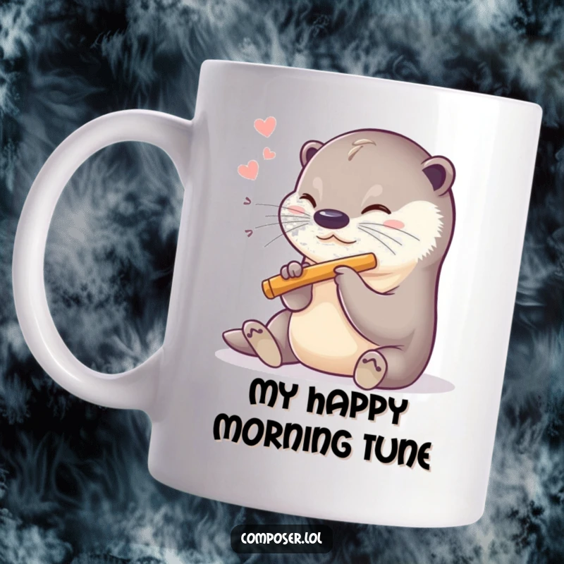 Funny mug showing a sweet otter happily playing a miniature flute with a contented sigh.