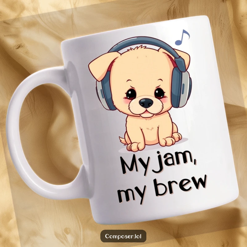 Funny mug with a curious puppy wearing oversized headphones, bopping its head to unheard melodies, showing pure musical enjoyment.