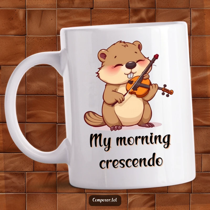 Funny mug showing a busy beaver intently tuning a violin with meticulous concentration.