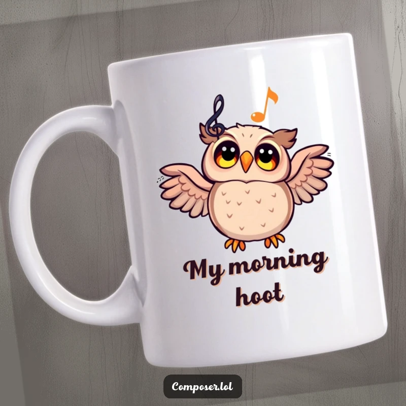 Funny cartoon owl looking up with wide, inspired eyes at a glowing musical staff on a mug, capturing musical awe.