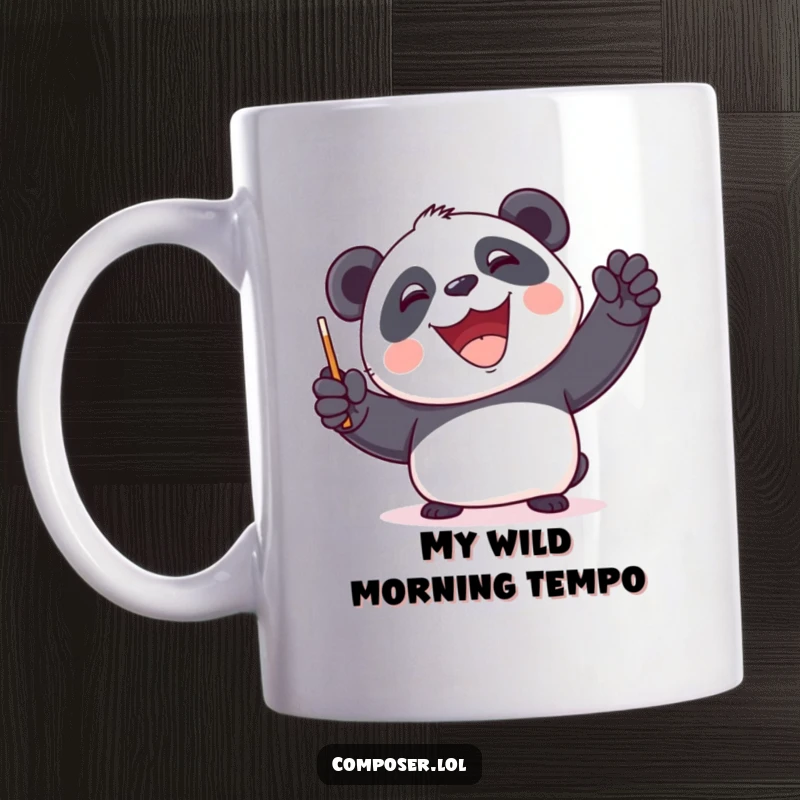 Funny Panda Conductor Mug - A happy panda joyfully leading an invisible orchestra with a baton, perfect for music lovers.