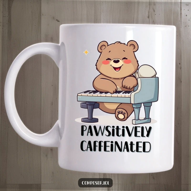 Funny bear composer mug, a happy bear with paws on a giant piano, playing with gusto and a big smile.