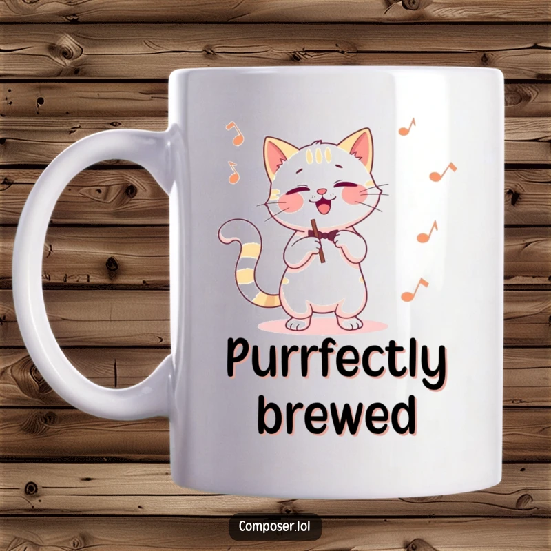 Funny cat composer mug, a giggling cat swirling its tail like a bow, energetically conducting an invisible orchestra.