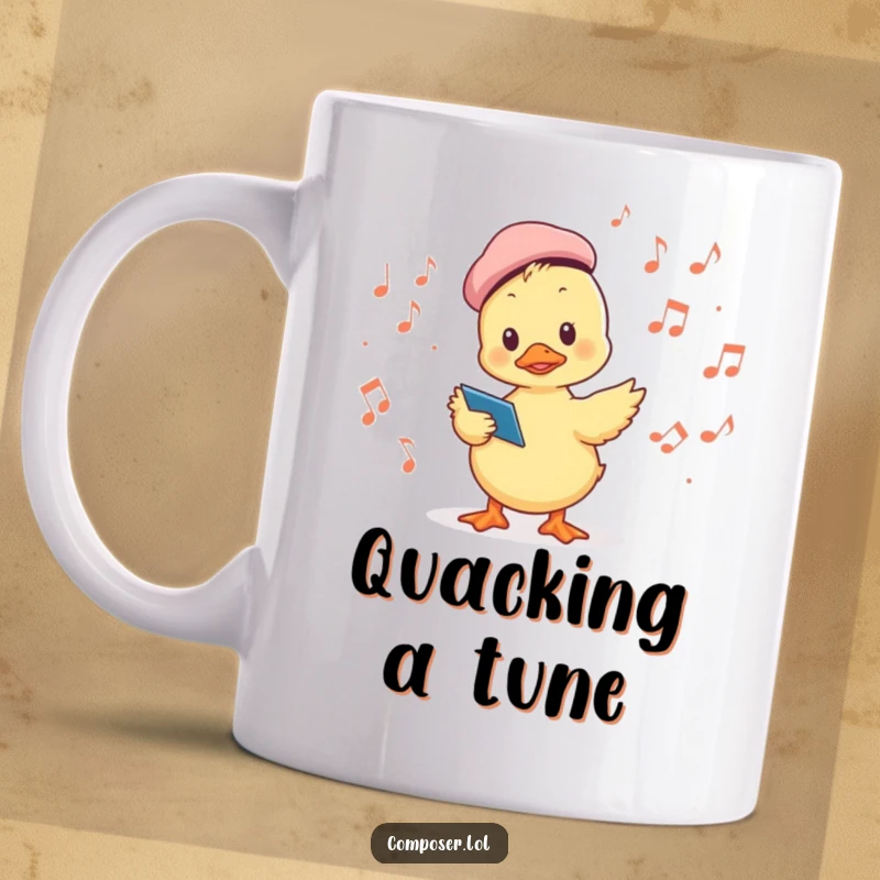 Funny mug with a cute duckling wearing a tiny beret, comically conducting a choir of musical notes with great enthusiasm.
