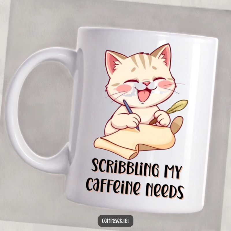 Funny giggling cat mug writing with a quill pen on a scroll, looking inspired and mischievous. A humorous writer's gift.