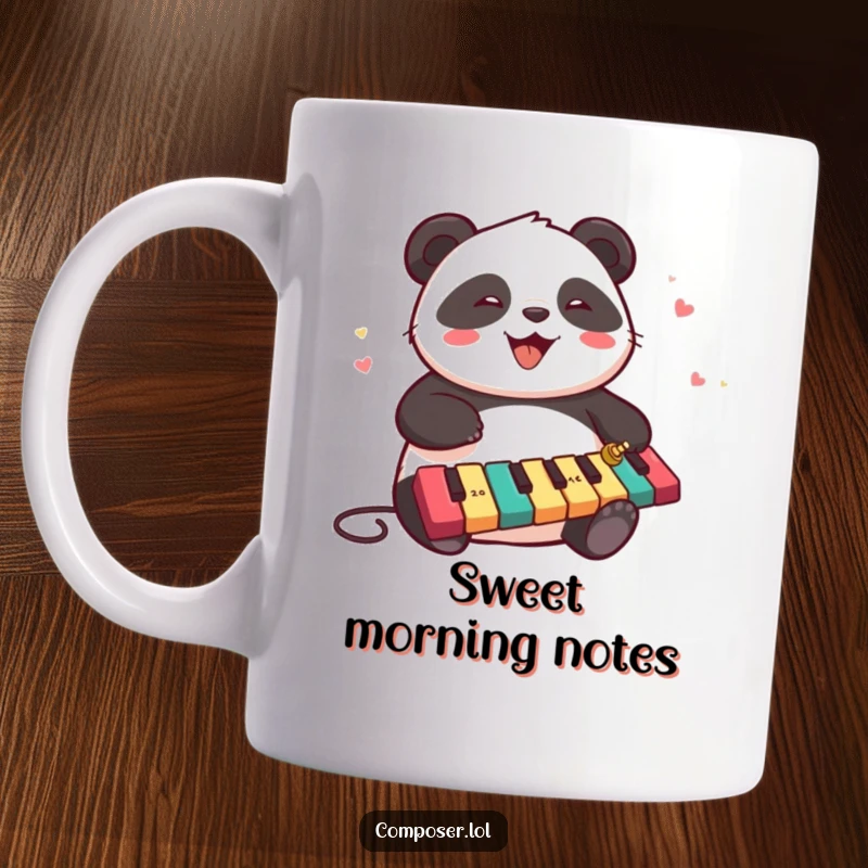 Funny, chubby panda character joyfully playing a cascade of xylophone keys on a ceramic mug, celebrating music.