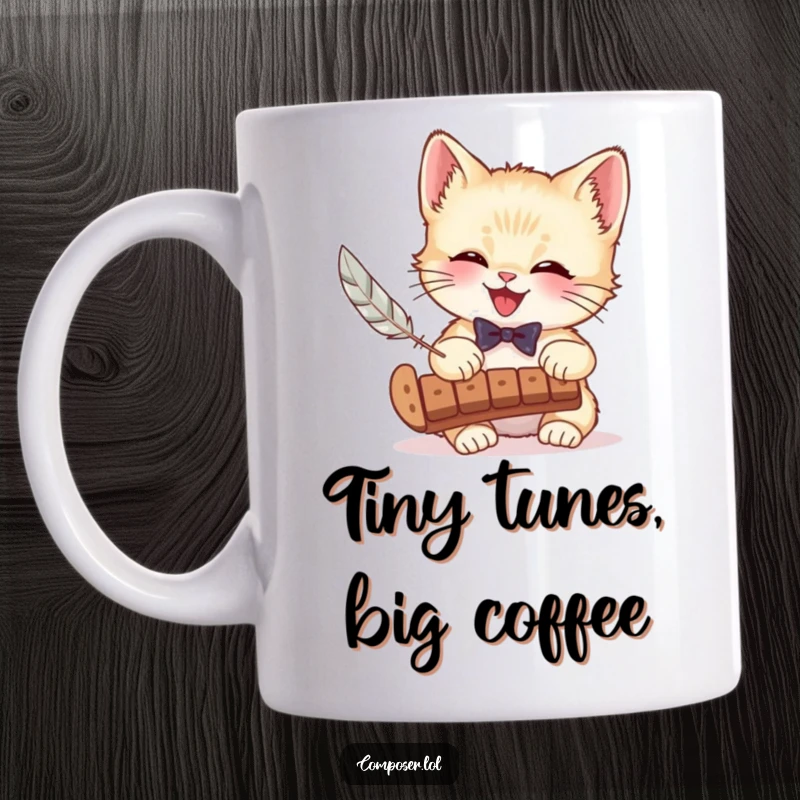 Funny mug with a giggling kitten in a bow tie playing a xylophone with a feather, showcasing musical talent and adorable charm.