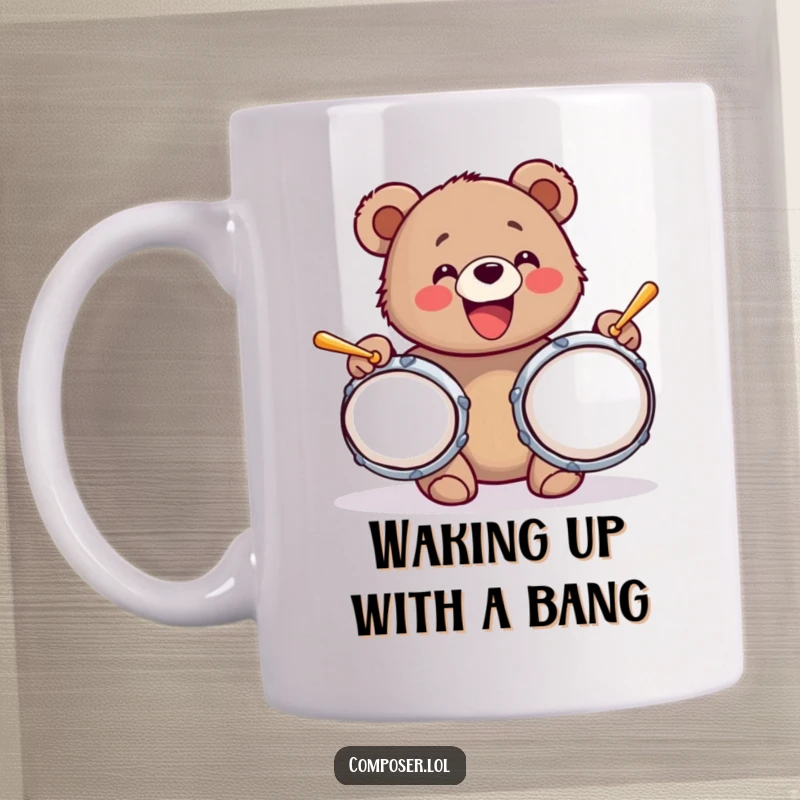 Funny mug showing a bear cub with a wide grin, gleefully banging on oversized cymbals, a symbol of unrestrained joy.