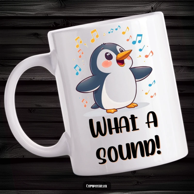 Funny penguin symphony mug, a surprised penguin reacting to a loud burst of musical sounds, perfect for humor lovers.